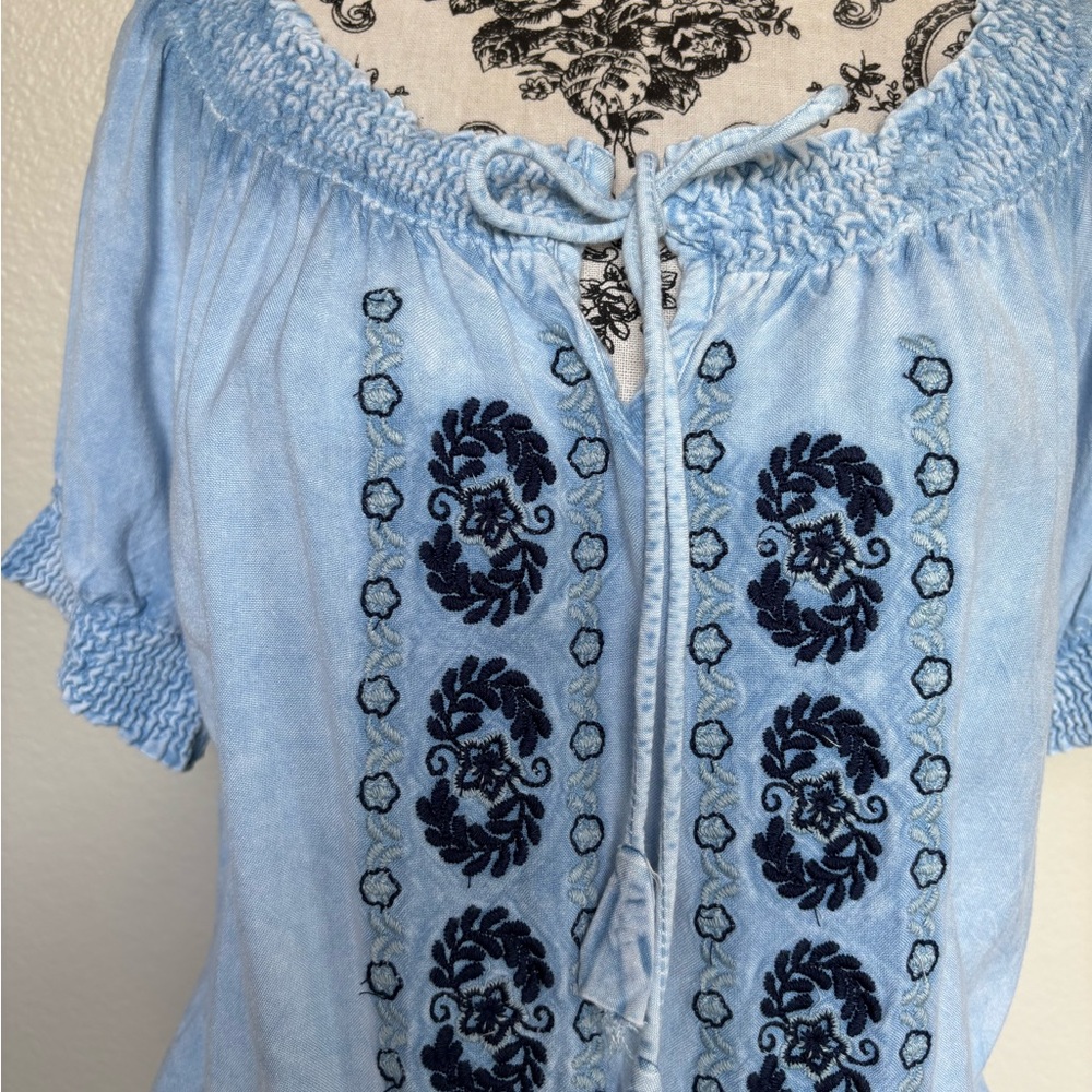 Smocked Light Blue Embroidered Peasant Blouse - Picture 7 of 13